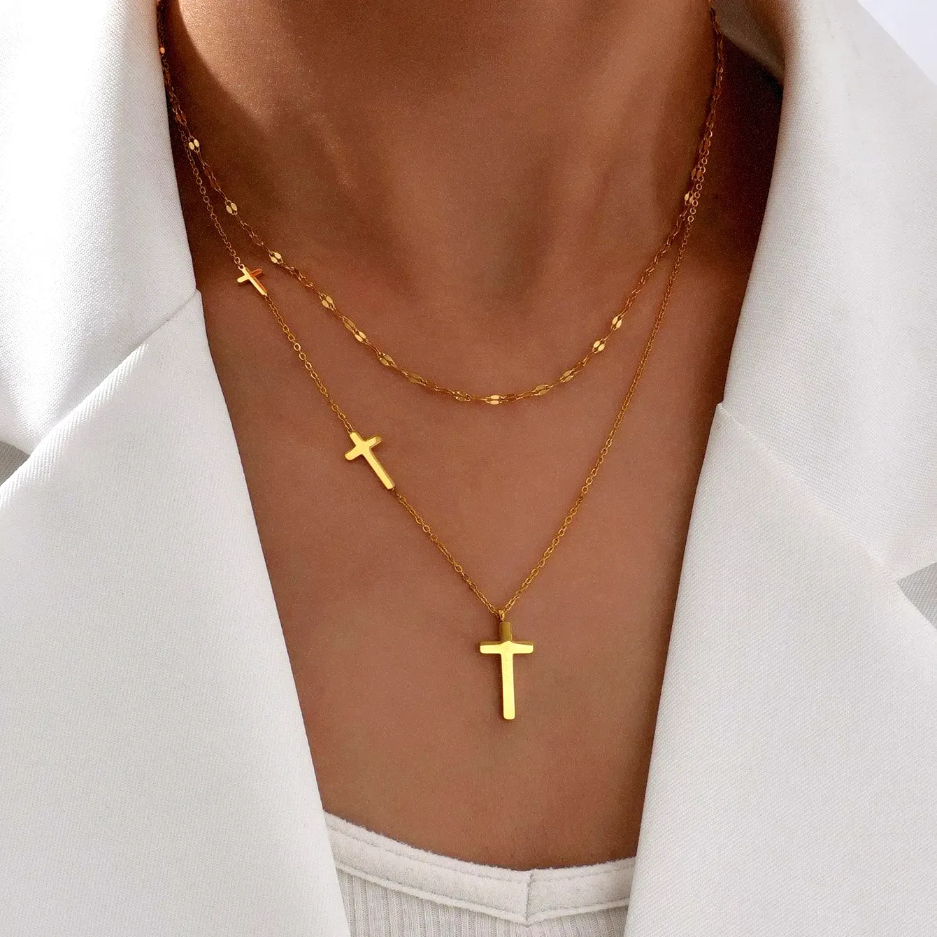 HOVANCI alta moda jóias de ouro 18k cheio de ouro atacado aço inoxidável multicamada manchar colar cruz livre para as mulheres