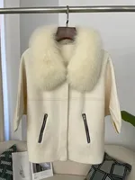 Poncho en tricot avec col en vraie fourrure de renard et de raton laveur, pour femme, manches courtes, vêtement d'extérieur chaud pour le bureau, automne-hiver