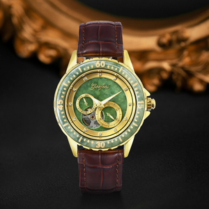 Montre automatique mécanique en acier inoxydable avec cadran en jade, verre 20 mm, pour homme, lunette lumineuse, bracelet style affaires, luxe ajouré doré - Product Image 4