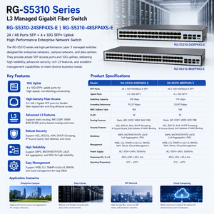 Commutateur réseau d'entreprise 10G SFP+ géré L3 à 48 ports en fibre optique Gigabit Ru Ijie RG-S5310-24SFP4XS-E RG-S5310-48SFP4XS-E24 - Product Image 1