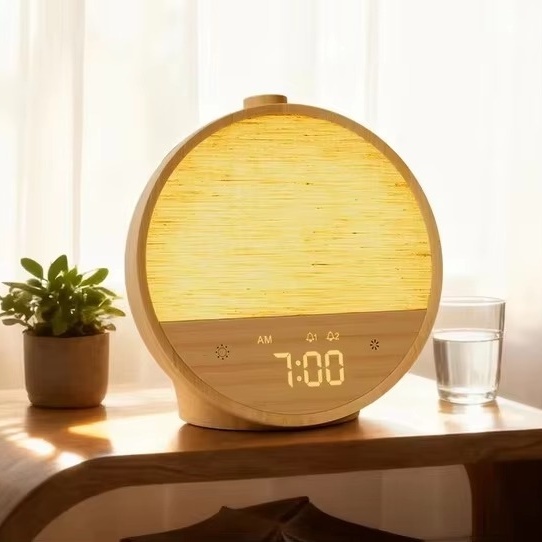 Sunrise Wood Grain Plastic Electric App-Controlled Smart Alarm Clock Gentle Wake-Up Light Night Light Sound Machine Dual Alarms