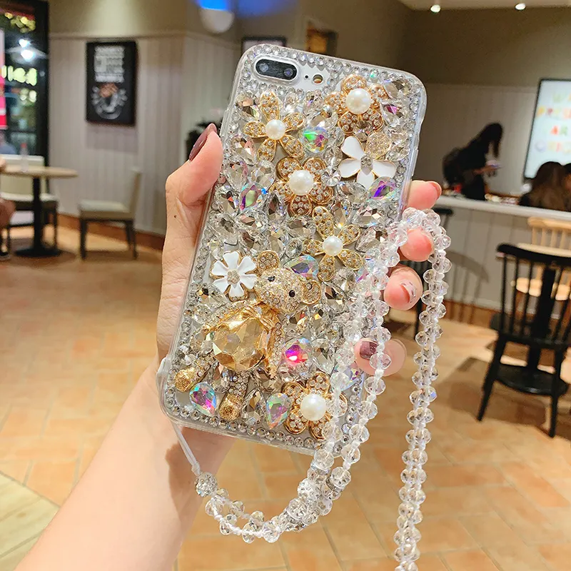 New Luxury designer bling glitter rhinestone diamond phone case for iphone 13 14 pro max with chian strap