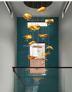 Gold <strong>Copper</strong> Hanging <strong>Lamp</strong> Hotel Modern High Ceiling Chandelier Handmade Lotus Leaf Staircase Duplex Hall Pendant Light - Product Image 2