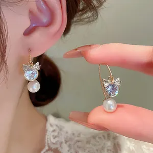 Koreaanse Diamant Strik Parel Oorbellen Zacht En Elegant Temperament Oor Haak Oorbellen Lente Nieuwe Stijl Oorbellen Groothandel Vrouwen