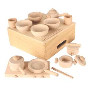 Set mainan memasak kayu dengan Pot kayu, teko dan piring untuk anak-anak pendidikan dan permainan sensorik dapur