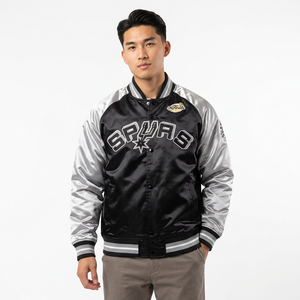 San Antonio Spurs Varsity <b>Jacket</b> Men's Black <b>Silver</b> Embroidered Logo Satin Lining Casual Outerwear Autumn Wear - Product Image 1