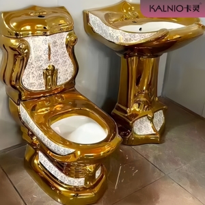 Lavabo de <span class=keywords><strong>colonne</strong></span> de toilette en céramique dorée de style européen Lavabo moderne à double chasse rangée horizontale plaqué or mural - Product Image 1
