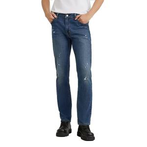 Pantalon en jean décontracté coupe droite slim pour homme, en coton de haute qualité, délavé, bleu vieilli, vente en gros - Product Image 1