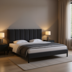 Cadre de lit California King en velours gris foncé moderne avec tête de lit capitonnée, mobilier de chambre contemporain - Product Image 2