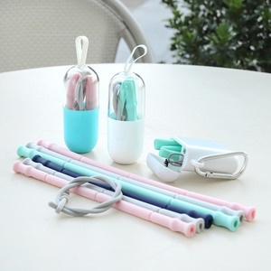 Silicone Straws <b>Soft</b> Foldable Reusable Biodegradable W4W4 Plus Straight Pipe With Carabiner Case For Outdoor Use - Product Image 1