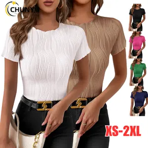 Damen Sommer lässig Rundhalsausschnitt Slim Fit solide kurze Ärmel strukturierte Oberteile einfache T-Shirts Tee gestrickte Bluse