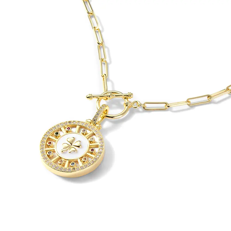 Gmnel wholesale choker women sterling silver 925 jewellery clover flower coin paperclip chain enamel rainbow necklace