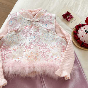 Tongxingyuan Girls Cheongsam Set Pink Velvet Three Piece Winter Outfit Fleece Lined Flower Pattern Cotton Fabric - Product Image 3