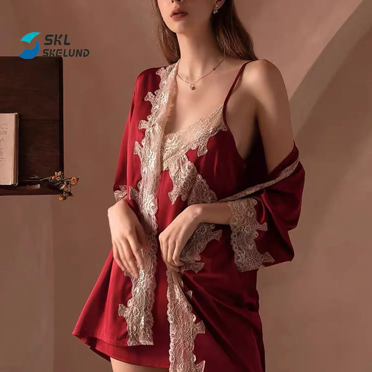 Women Lace Trim Robe 2pcs Set Sleepwear Silk Nightgown Nightdress Soft Bathrobe Spaghetti Strap Court Style babydoll sleepwear