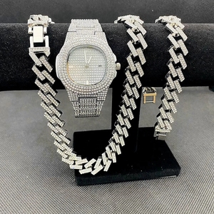 Set di gioielli Hip Hop uomo glassato orologio collane bracciale Miama cubano catena girocollo moda oro lusso orologio uomo regalo all'ingrosso - Product Image 2