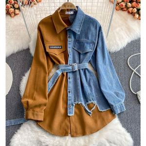 Vestido Camisero Vintage Casual de Mezclilla Tejida con Solapas y Empalmes, Estilo Coreano, Asimétrico, Holgado, Top Largo para Mujer, Diseño Frontal, Primavera, 2 Piezas - Product Image 3