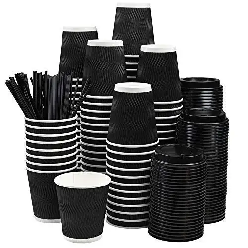 8oz 12oz jetable double paroi logo personnalisé tout noir café chaud à base d'eau papier de revêtement double tasse avec couvercles et pailles