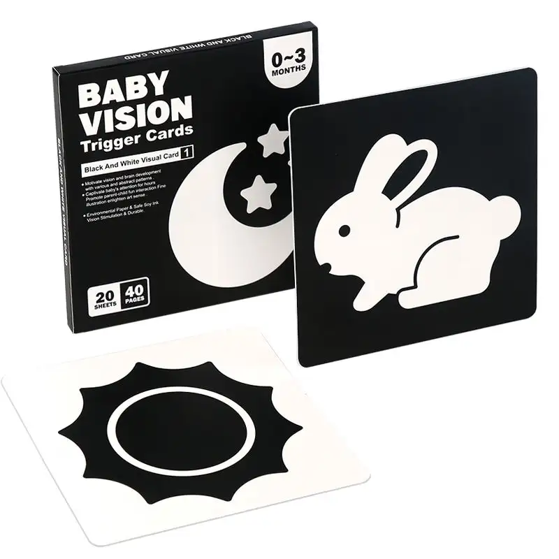 Cartões de estimulação visual para bebês, cartões flashcard em preto e branco de alto contraste para bebês