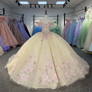 Dy5961 Champagne Quinceanera Dress Ball Gown Sweetheart Lace Appliques 3D <b>Flowers</b> <b>Sweet</b> 16 Natural Anti-static Chiffon for - Product Image 6