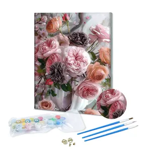 Kit de pintura a óleo por números para sala de estar, vaso de vidro com flores rosa, pintura DIY por números, decoração artística para sala de estar