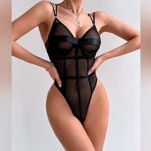 Nuevo Diseño, Body de Una Pieza con Tirantes Dobles, Color Sólido, Sexy, Ajustado, con Escote Profundo en V y Encaje Transparente - Product Image 1