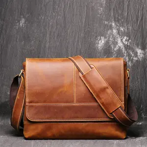 Bolsa de ombro vintage de couro legítimo, bolsa crossbody de grande capacidade para laptop, bolsa de negócios para homens