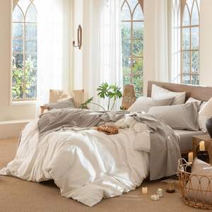 Juego de Sábanas de 4 Piezas para Cama Queen, 100% Algodón Lavado, Tejido Moderno, Color Beige, Transpirable, Suave <span class=keywords><strong>y</strong></span> Cómodo, para Hotel <span class=keywords><strong>y</strong></span> Hogar - Product Image 3