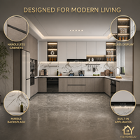 Lemari Dapur Hotel Villa Apartemen Modern Bentuk L Dua Warna Custom Laminate dengan Desain Tanpa Gagang, LED, Open Niche, Pintu HPL/HPDL 5+