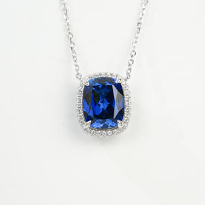 925 Sterling Silver Cushion Cut Lab Created Sapphire Pendant Necklace, Halo with Diamond Accents Fine Jewelry for Women - Product Image 1