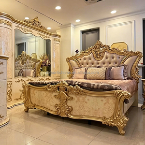 Letto Matrimoniale di Lusso Curvo con Testiera a Ala, Stile Classico Turco, in Legno Dorato Bianco Avorio, Set Camera da Letto per Villa e Palazzo - Product Image 2