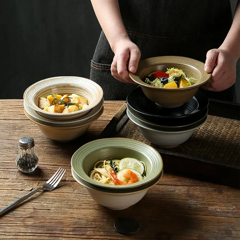 Vintage modern gaya pabrik harga makanan melayani ramen mangkuk set bulat keramik dalam mangkuk mie