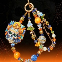 Cordon de téléphone perlé et dragonne de poignet à motif Crâne de sucre d'Halloween, avec fleur en cristal colorée, porte-clés et breloque de sac pour femmes
