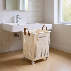Cesto per Bucato Pieghevole XL Color Crema Rettangolare con Ruote per Organizzazione e Stoccaggio in Bagno - Product Image 2