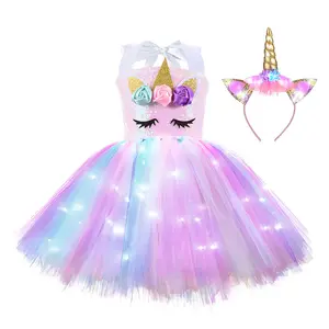 RTS ragazze dolce compleanno unicorno abito Set di paillettes arcobaleno Tutu principessa unicorno abito con luce a LED per bambina
