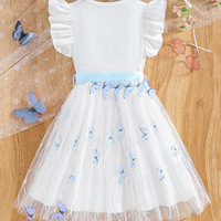 Nouvelle Robe d'Été 2026 pour Filles, avec Nœud, Manches Bouffantes, Imprimé Papillon, Design Bicolore Blanc et Bleu, Jupe en Tulle Fluide