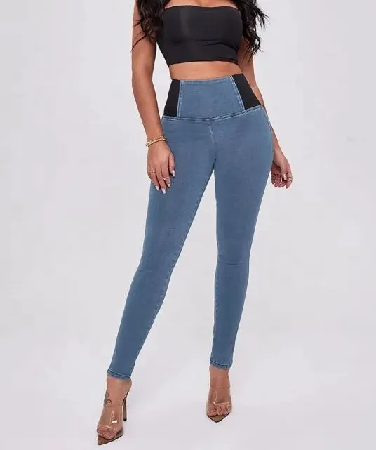 Trendy Women's Clothing Skinny Jeans Ladies Custom New Denim Curvy Colour Block Wide Waist Jeggings
