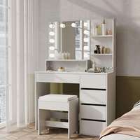 Table de toilette moderne multifonctionnelle blanche avec miroir éclairé, panneau MDF, rangement écologique pour chambre à coucher