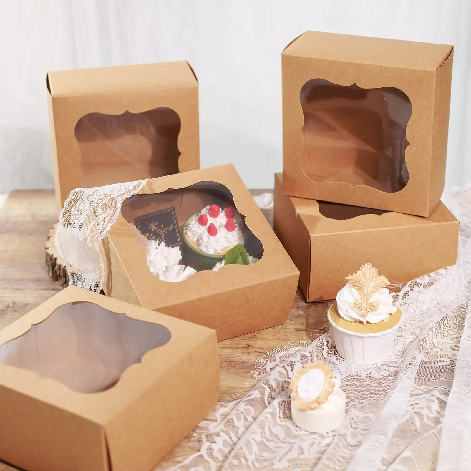 Scatola per torte in carta Kraft bellissime scatole per Cupcake di nozze bianche con finestra