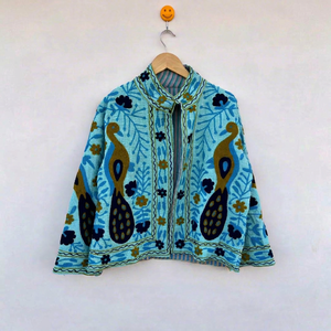 Chaqueta Bordada Azul Claro Tradicional India Hecha a Mano para Mujer, Estilo Bohemio, Cárdigan Abierto por Delante, Blazer - Product Image 1