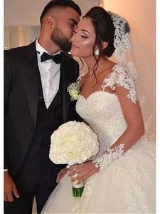 S0982R 2026 New Skin Color Net Flat Embroidered Lace Round Neck Wedding <b>Dress</b> - Product Image 4