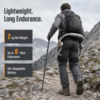 Exosquelette léger et portable pour l'assistance des membres inférieurs, idéal pour la randonnée, avec batterie interchangeable à chaud offrant 8 heures d'autonomie et support.