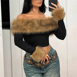 Top con Collo a Barca e Patchwork in Pelliccia Primavera Autunno 2026 T-shirt da <span class=keywords><strong>Donna</strong></span> Y2k Aderente a Maniche Lunghe - Product Image 3