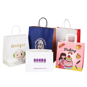 Custom Cartoon Colorful White Kraft Paper Birthday Gift Shopping Tote Paper Bags With Twisted Paper Handle
