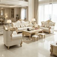 Ensemble de canapés en cuir de style européen de luxe, cadre en bois sculpté doré classique, meubles de salon, canapé pour maison, villa, hôtel
