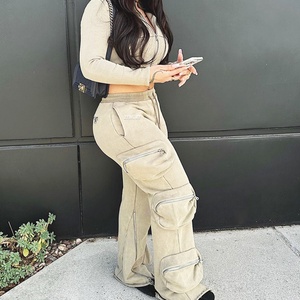 Custom Clothing Manufacturers Distressed Acid Wash Women <b>Crop</b> <b>Zip</b> <b>up</b> Jackets and Cargo Pants Women Two Piece Women Sweat Suits - Product Image 3