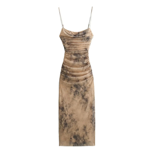 Correa de espagueti Tela de malla Cuello en V profundo Tallas grandes Vestidos vintage Vestidos ajustados Bodycon Madi Vestidos plisados - Product Image 3