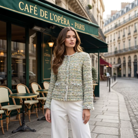 Blazer en tweed élégant vert pastel, veste courte rétro française en bouclette pour femme, tenue chic pour femme de bureau