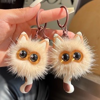 Porte-clés de voiture en fourrure de vison véritable, motif chat de dessin animé mignon, pendentif peluche, jouet, décoration de sac, cadeau, sans impression