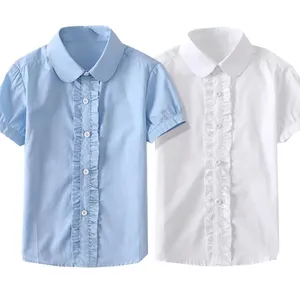 गर्मियों में बच्चों के लिए नीली शर्ट लड़कियों के स्कूल वर्दी सफेद ब्लाउज लघु आस्तीन Preppy कपास बच्चों के कपड़े