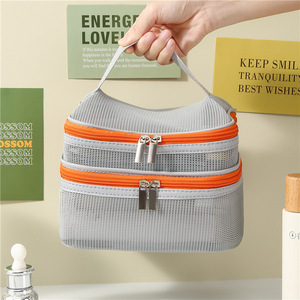 Neceser de viaje minimalista, organizador de maquillaje portátil de gran capacidad, de doble capa, de malla con bloques de color, para uso en el baño del hogar - Product Image 3